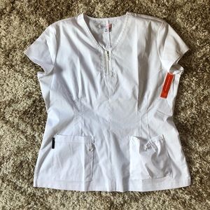 { Koi } White Stretch Scrub Top